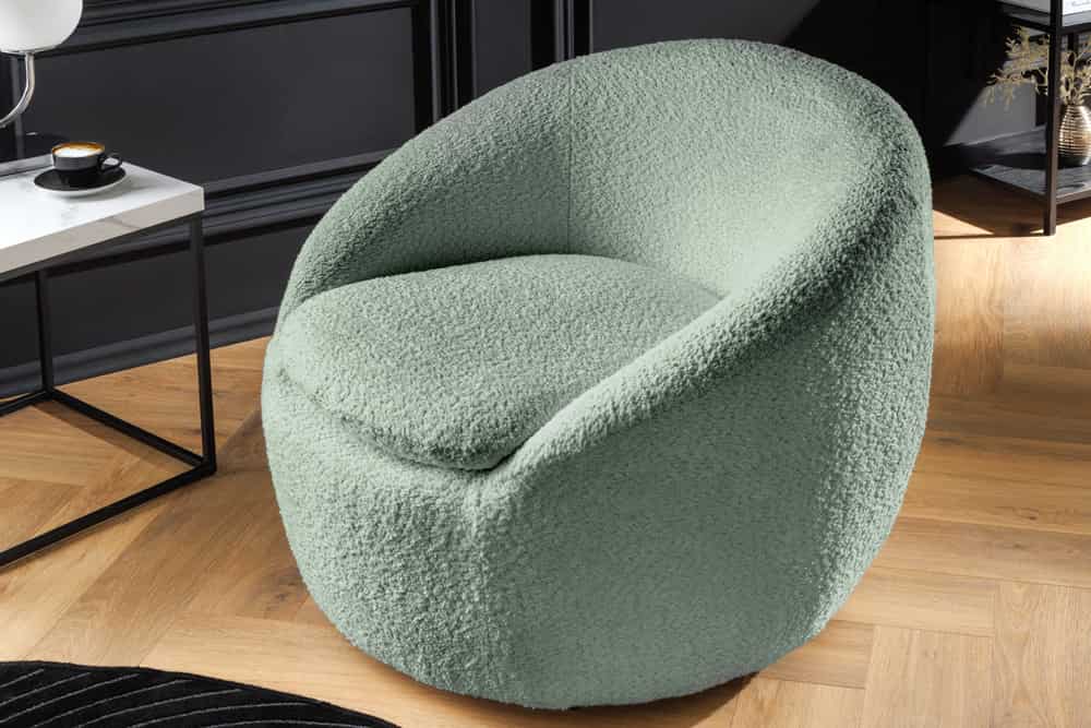 Drehbarer Design Sessel ALPINE salbei Bouclé 360° mit Armlehnen