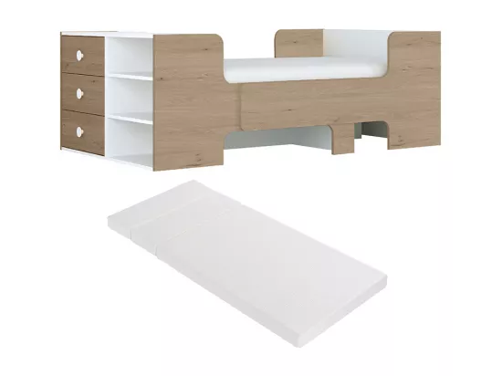 Lit évolutif 90 x 140/170/200 cm avec rangements - Coloris : Naturel et blanc + Matelas - GAROLIO