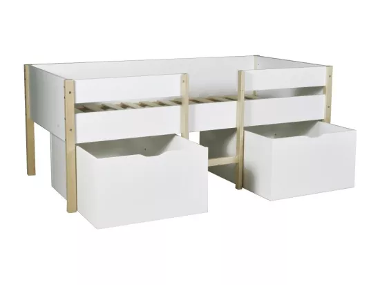 Lit mi-hauteur ZEPHIR 90x200 + 2 grands tiroirs + sommier / Blanc & vernis naturel