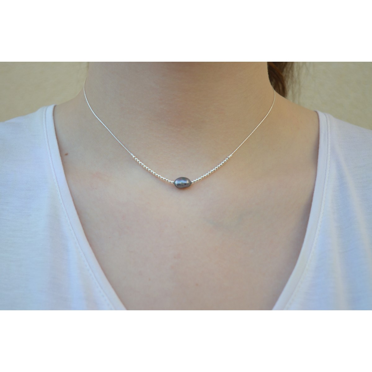 Collier perle d 'eau douce   fumé en argent 925