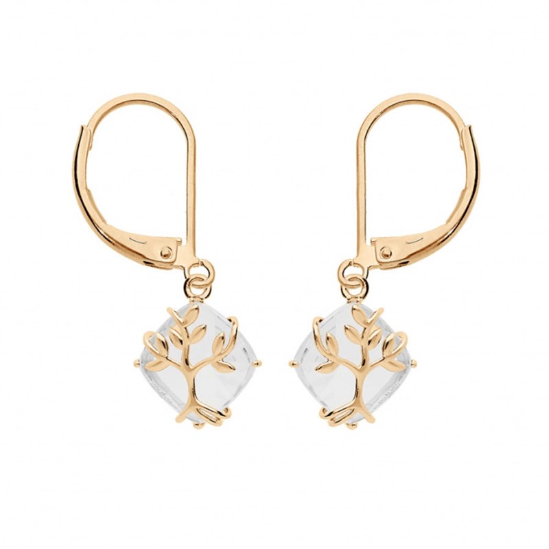Boucles d'oreilles femme pendante arbre de vie et oxyde blanc - Plaqué or