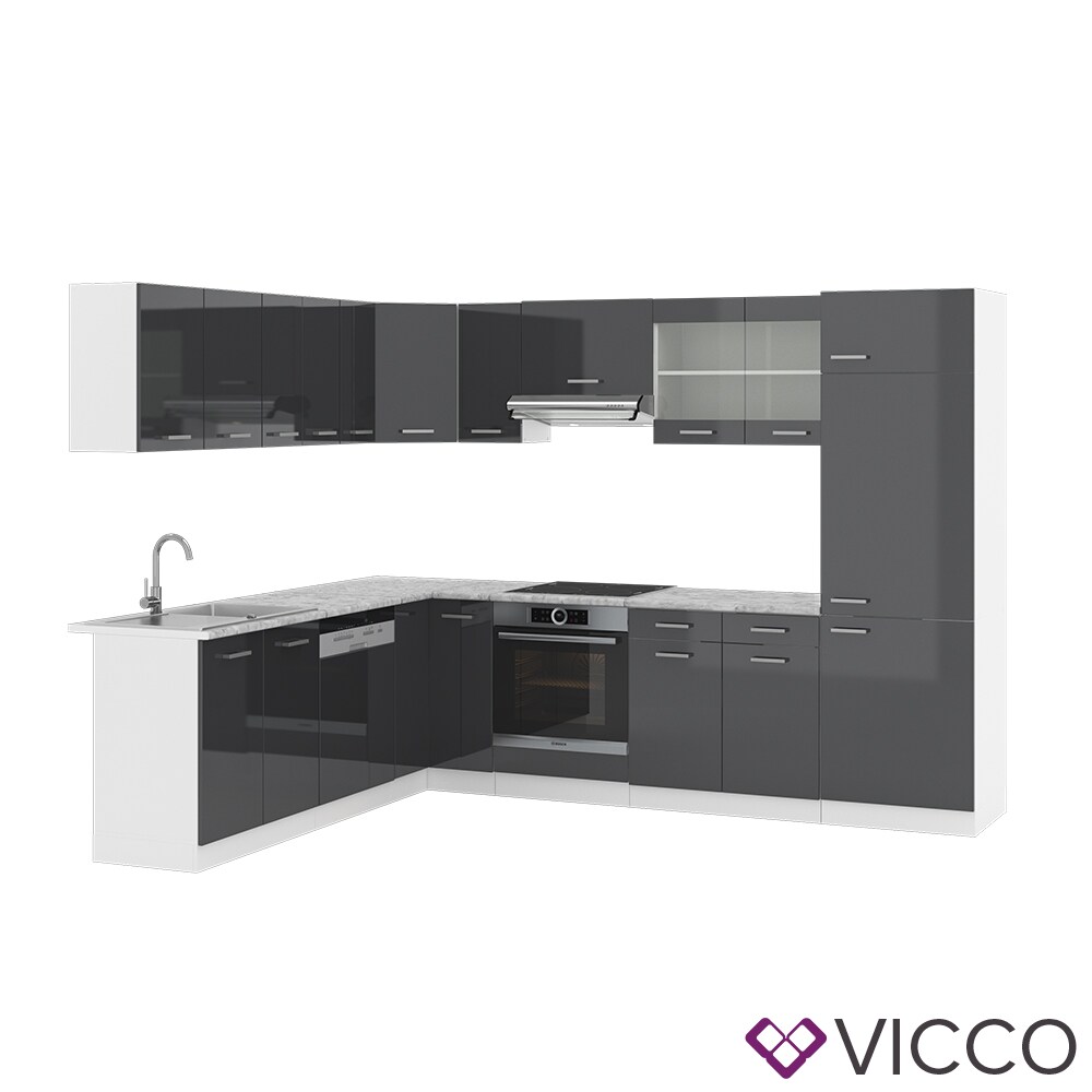 VICCO KÜCHENZEILE R-LINE ECKKÜCHE WINKEL KÜCHE EINBAUKÜCHE ANTHRAZIT HOCHGLANZ