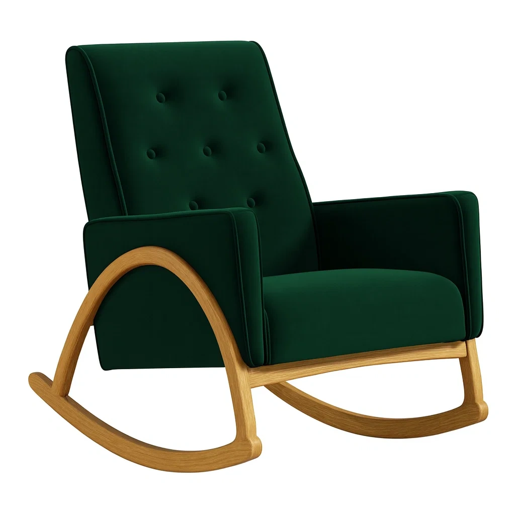 Rocking-chair en velours vert avec cadre en bois
