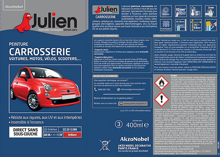 Peinture aérosol spécial carrosserie Julien brillant orange RAL 37109 400ml