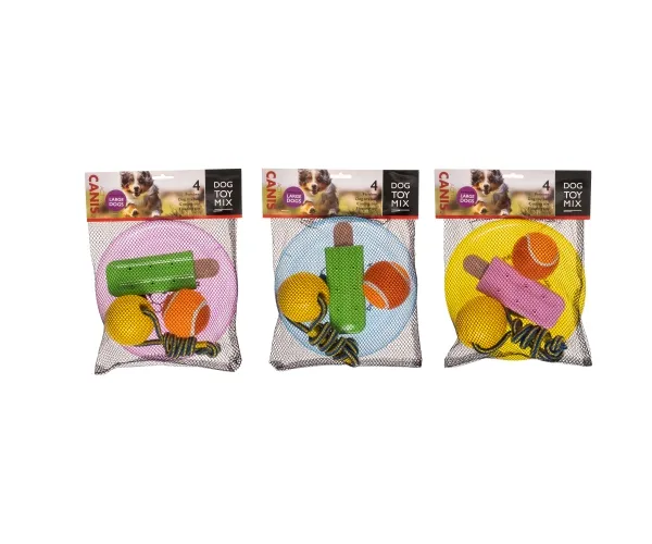 Hundelegetøj mix, 4 stk (frisbee, bold i snor, tennisbold, ispind)