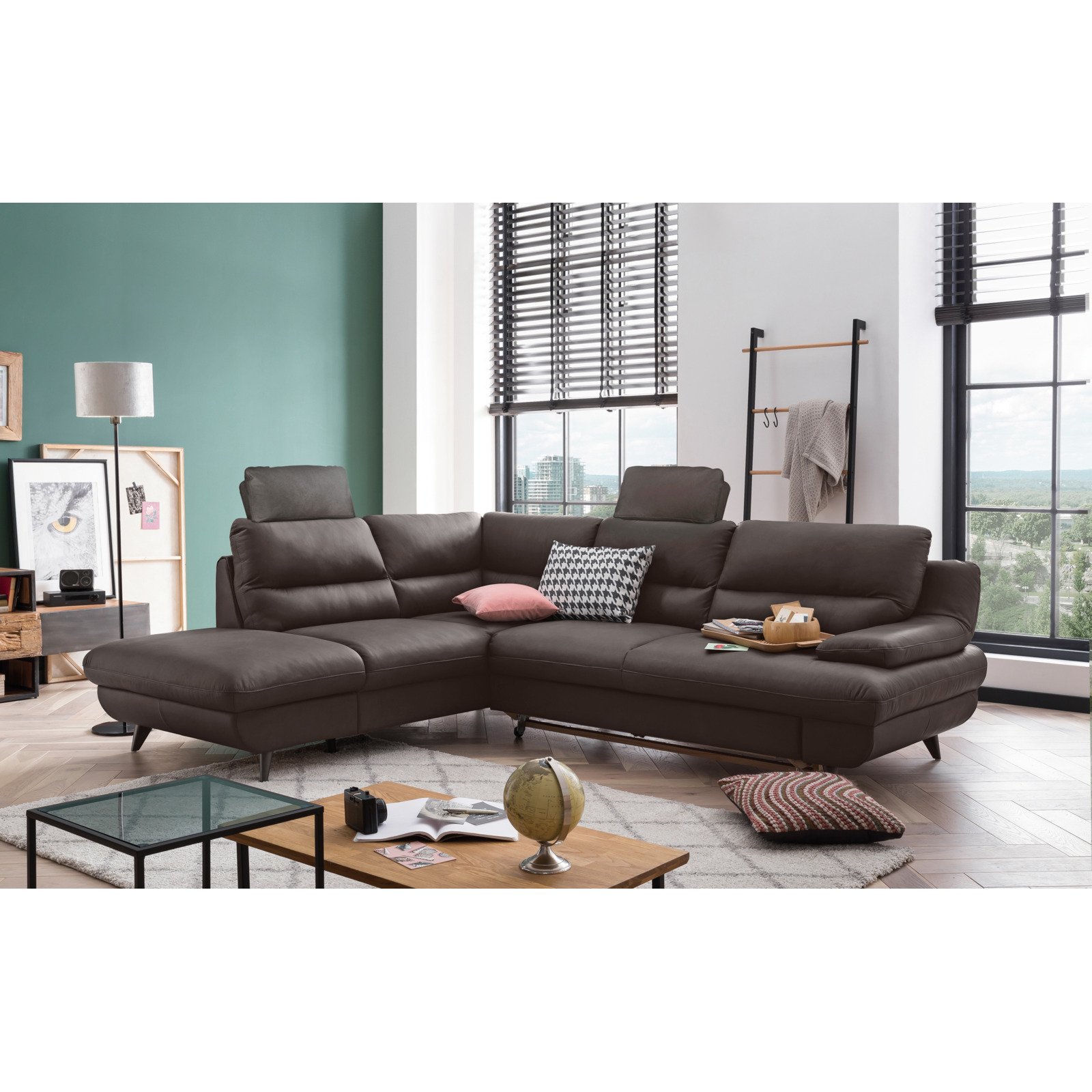 Ecksofa Pike Leder, Ottomane links dunkelbraun