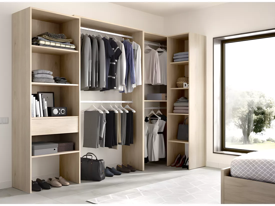 Kit armoire dressing d'angle en bois mélaminé coloris chêne naturel - Longueur 248 x Profondeur 79 x Hauteur 187 cm