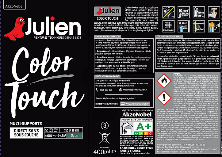 Peinture aérosol Color Touch multi supports Julien satin noir RAL 9005 400ml