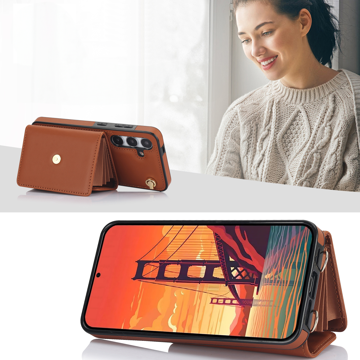 Samsung Galaxy S24 Necklace Leder Schutz Hülle mit Kartenfach   Handykette (140cm) - Braun