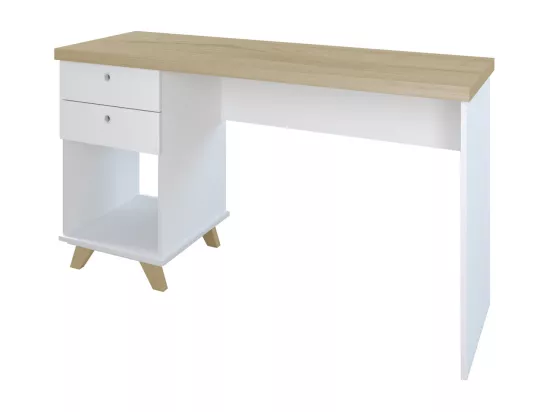 Bureau 2 tiroirs panneaux de fibres blanc et bois SEAMUS