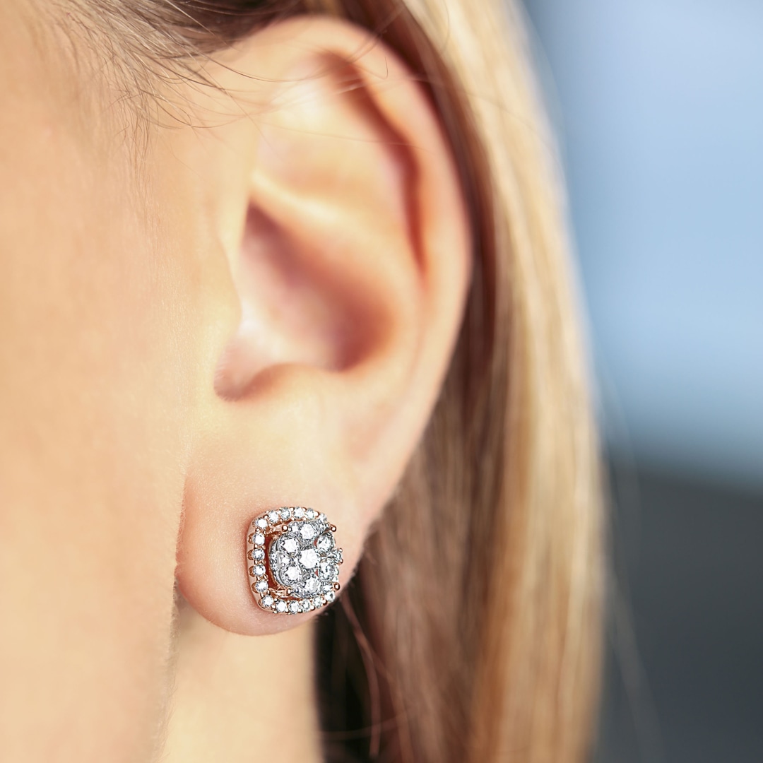 1.00 Karat Halo Diamantohrstecker 750/18 K Roségold Ø 9.5mm