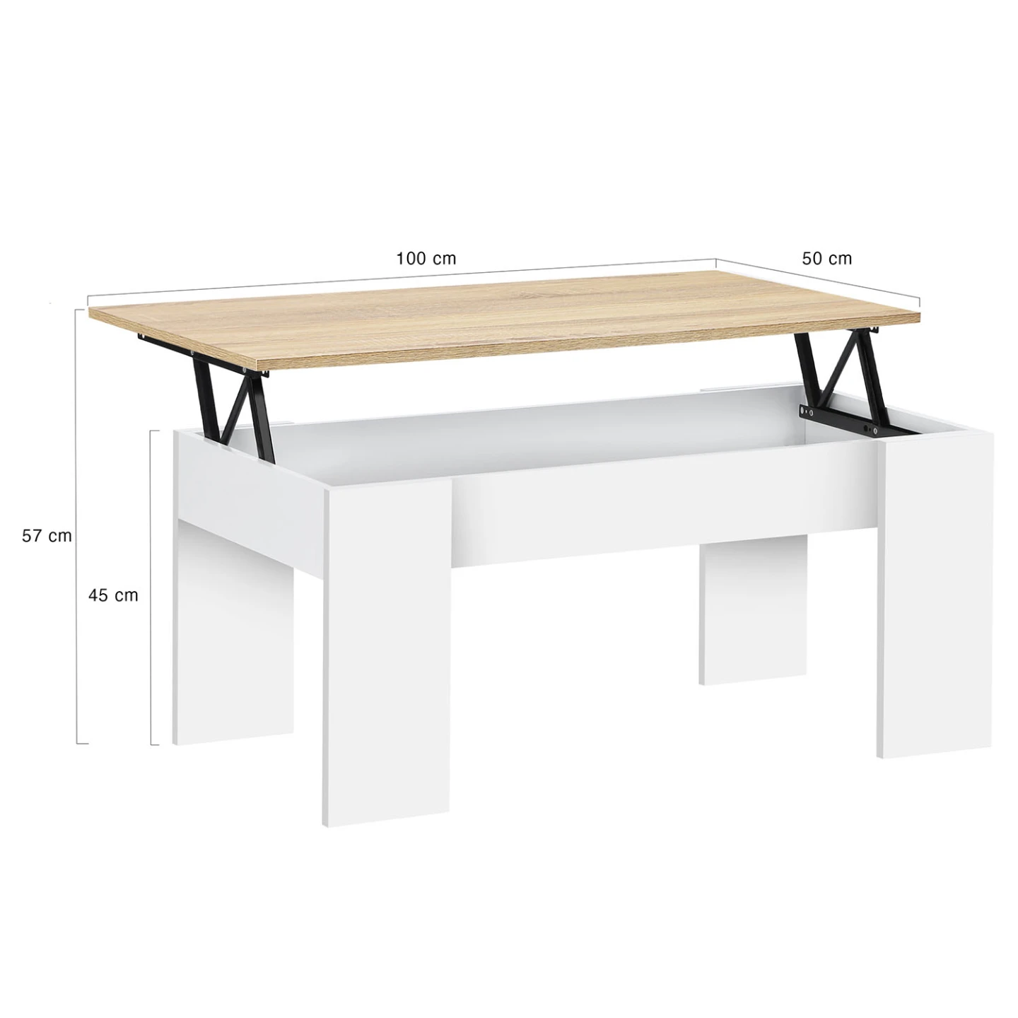 Table basse plateau relevable rectangulaire TARA bois blanc et imitation hêtre
