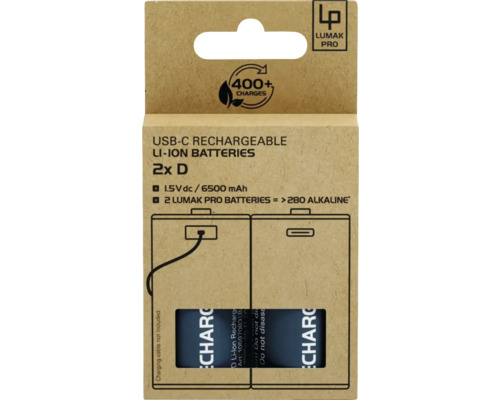 LUMAK PRO Oplaadbare Batterij D Mono 1.5V 6500 mAh Li-ion 2 Stuks met USB-C