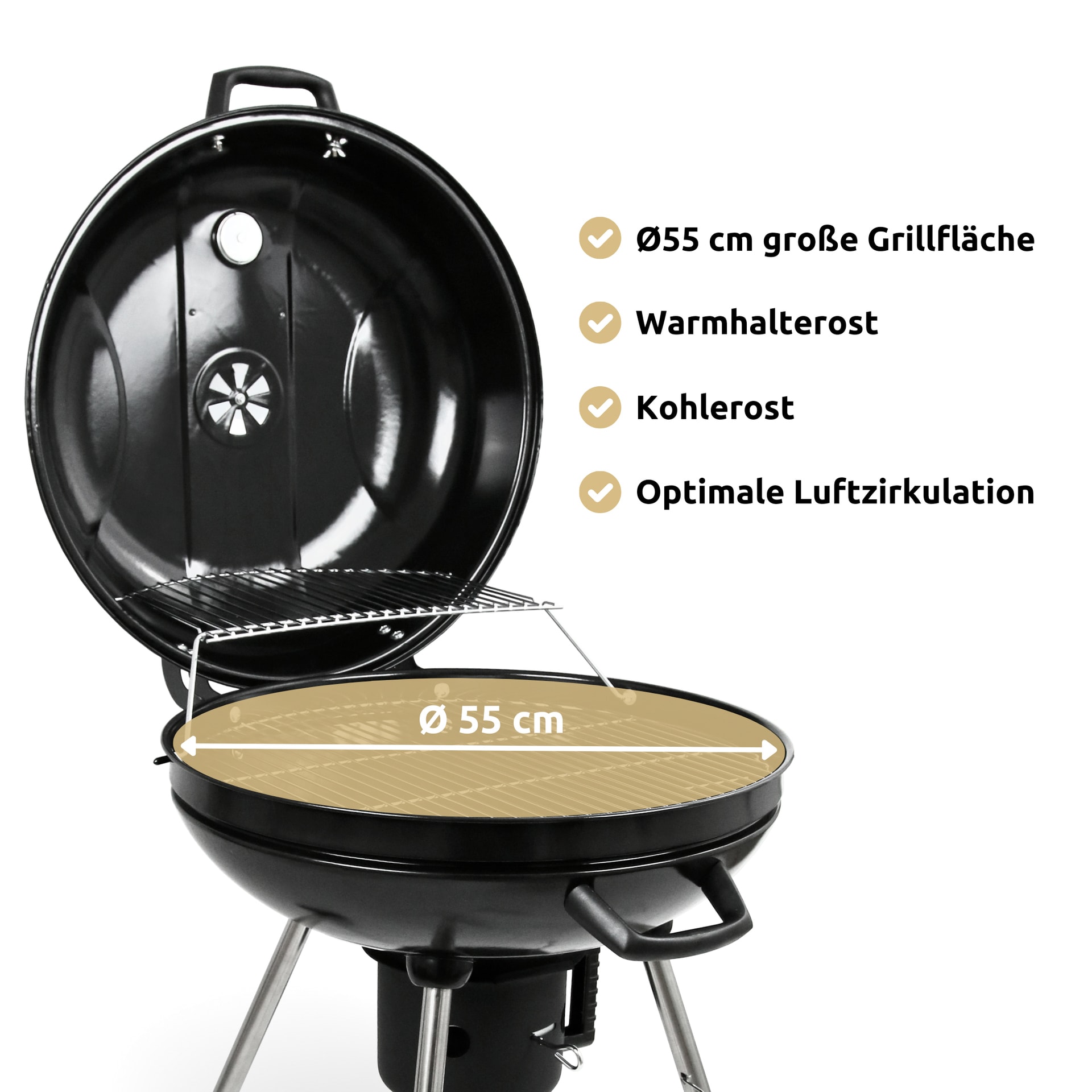 deluxe4home Holzkohlegrill KUGEL 64 x 59 cm schwarz