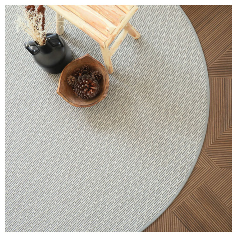 Tapis rond intérieur / extérieur - timika blanc craie - galon gris - ø 120 cm