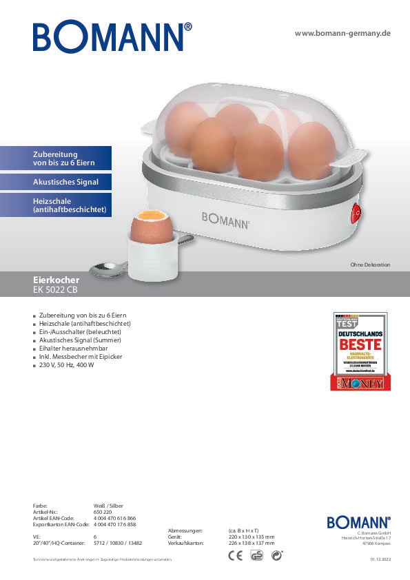 BOMANN Eierkocher EK 5022 CB Weiß 400 Watt