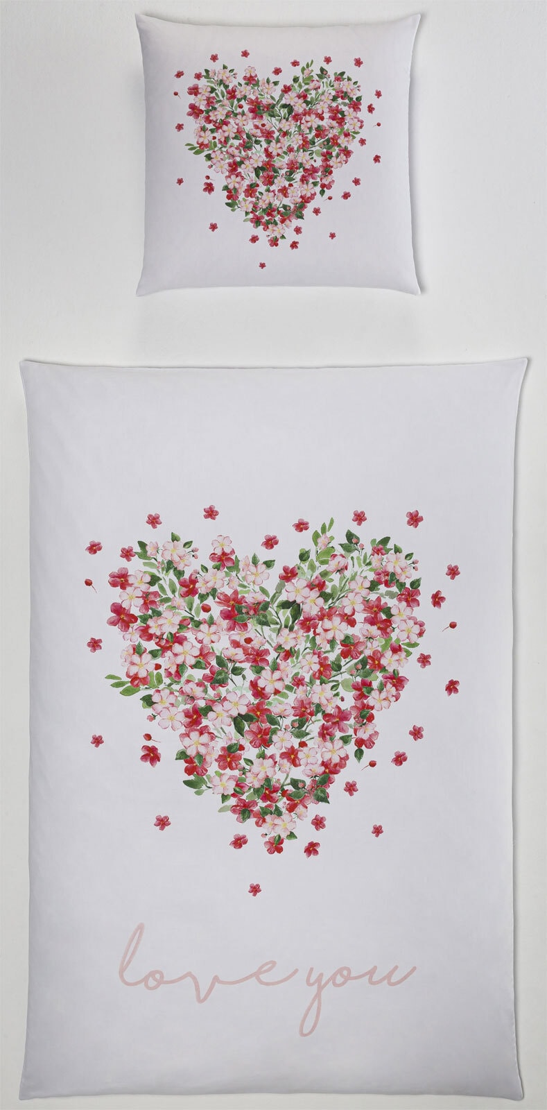 casaNOVA Satin-Bettwäsche FLOWERS IN LOVE 135 x 200 cm weiß/pink