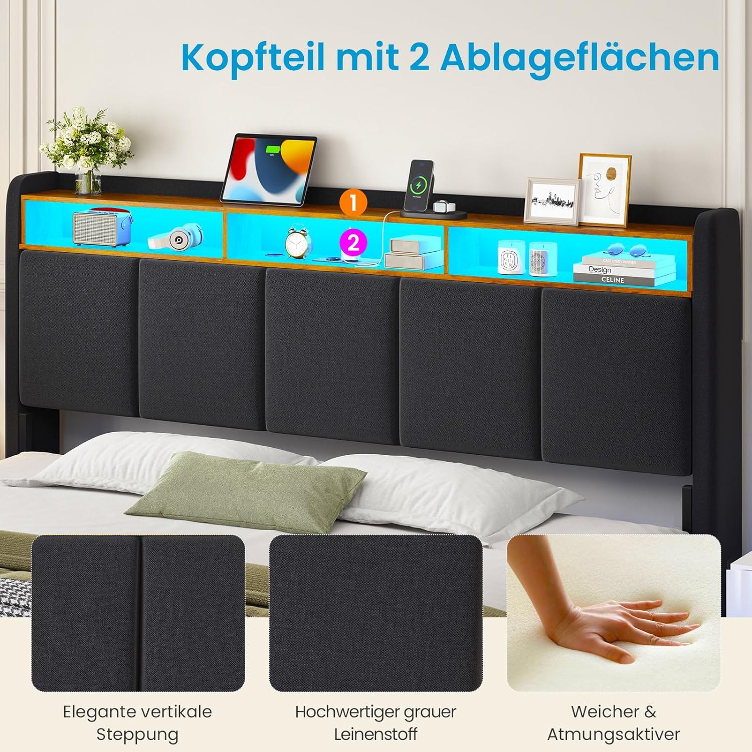 Polsterbett 180x200 cm Schwebebett mit LED-Beleuchtung, Kopfteil und Ladestation(2 AC-Steckdosen, 2 USB-Anschlüsse), Bett 180x200 mit Stauraum, Modern Doppelbett mit lattenrost, Leinen, Grau
