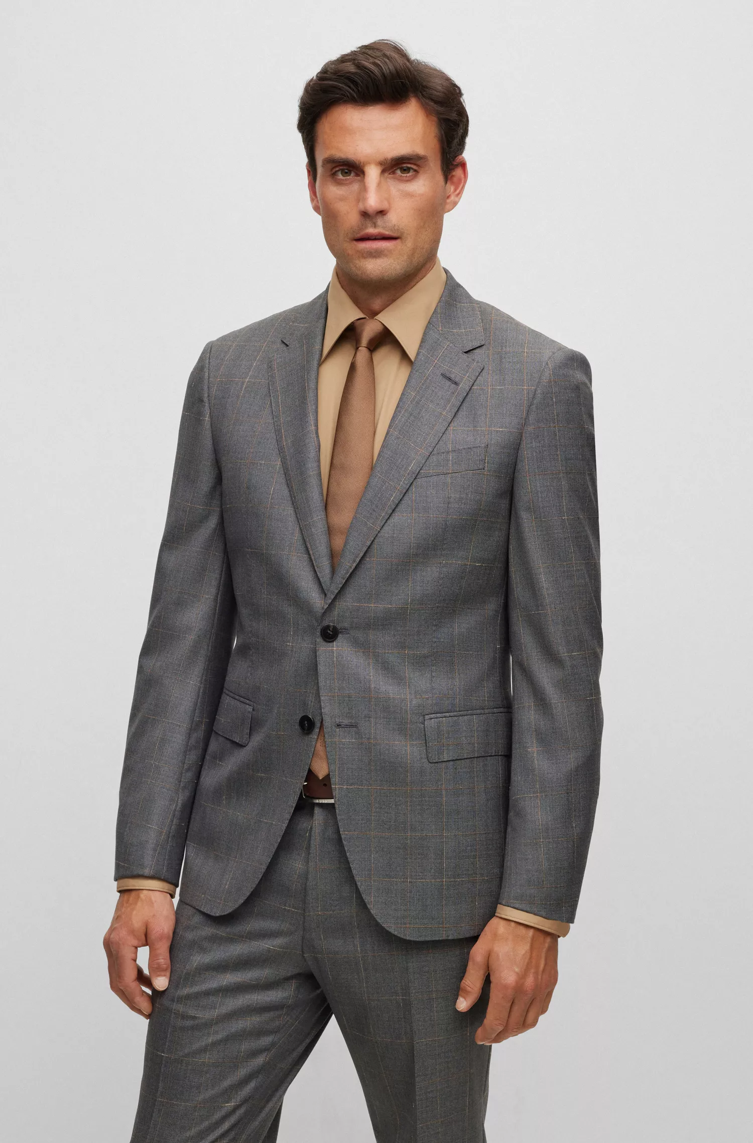 Terno BOSS Camel Slim-fit em lã virgem xadrez