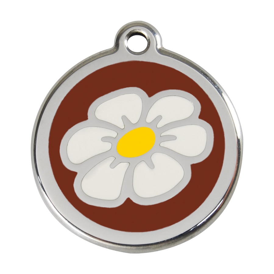 Placa de identificação para cães em aço inoxidável esmaltado, com estampa de margaridas marrons.