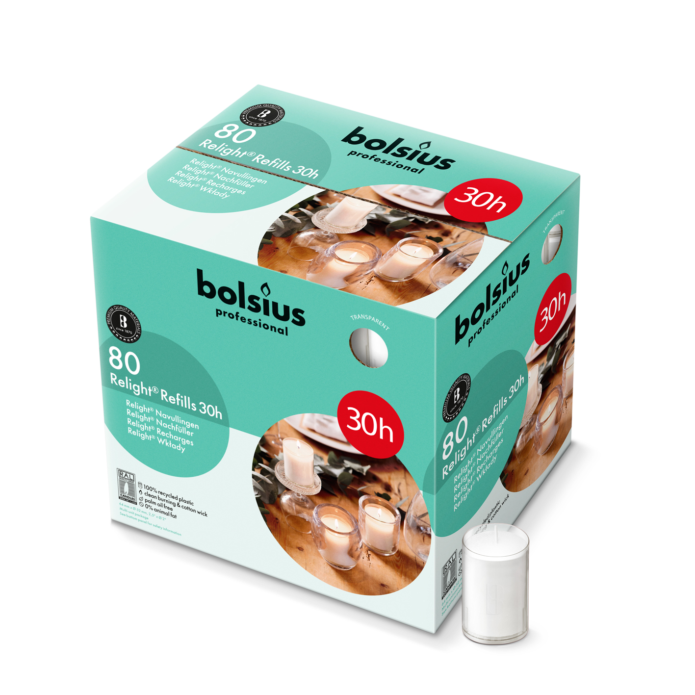 Bolsius Horeca Relight® Plus Navullingen 64/52 Transparant (80 stuks)