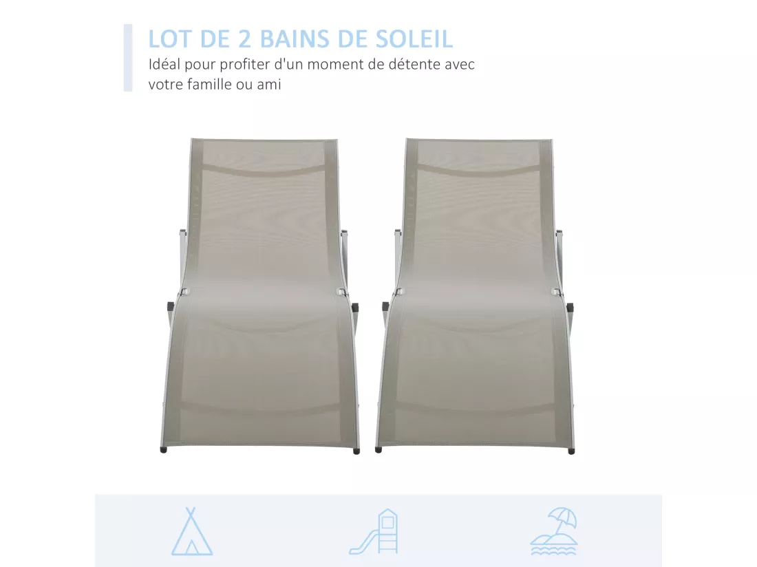 Lot de 2 bains de soleil pliables design contemporain - lot de 2 transats ergonomiques - alu. textilène gris clair