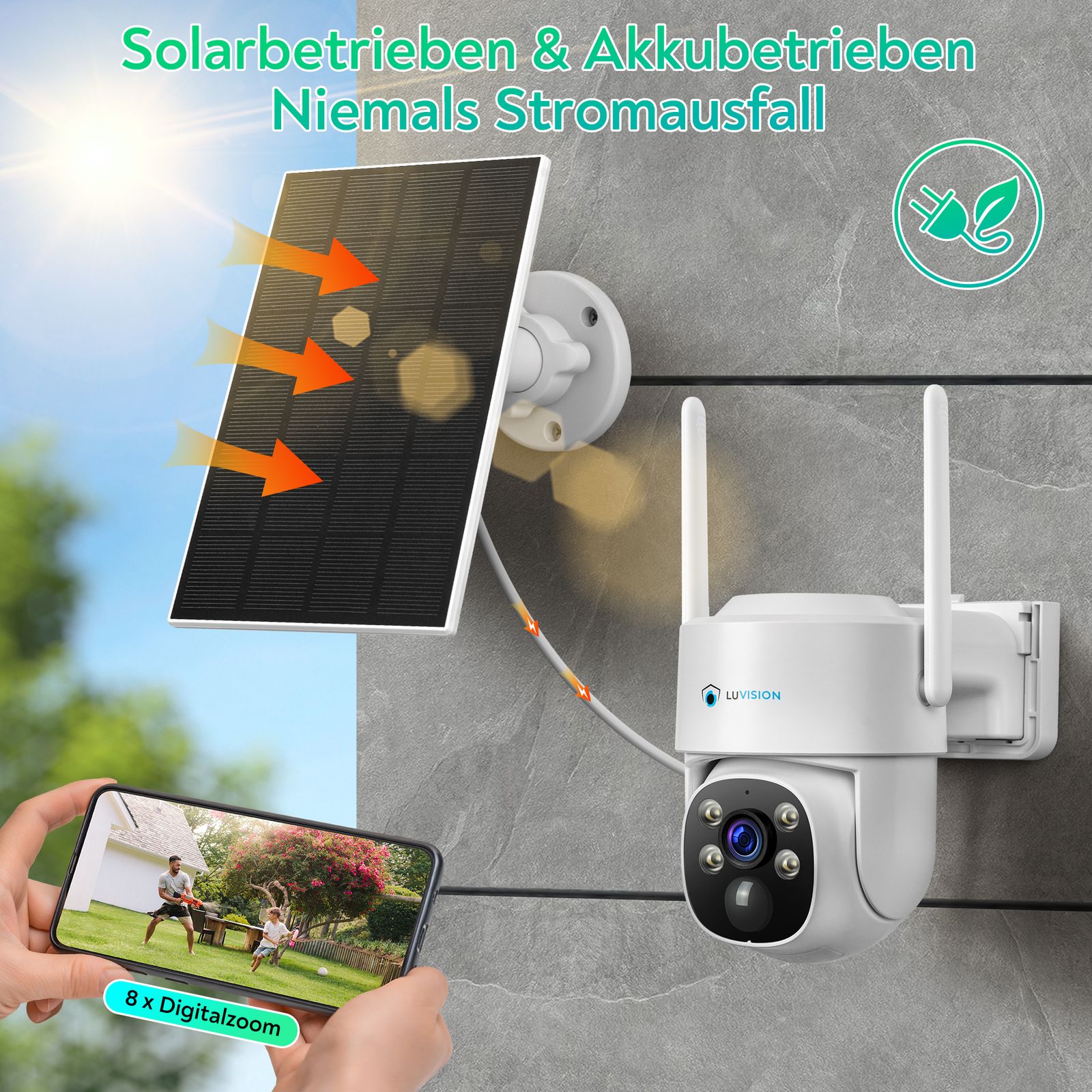 LUVISION WLAN PTZ 360°Überwachungskamera mit 4W Solarpanel schwenkbar und drehbar mit APP