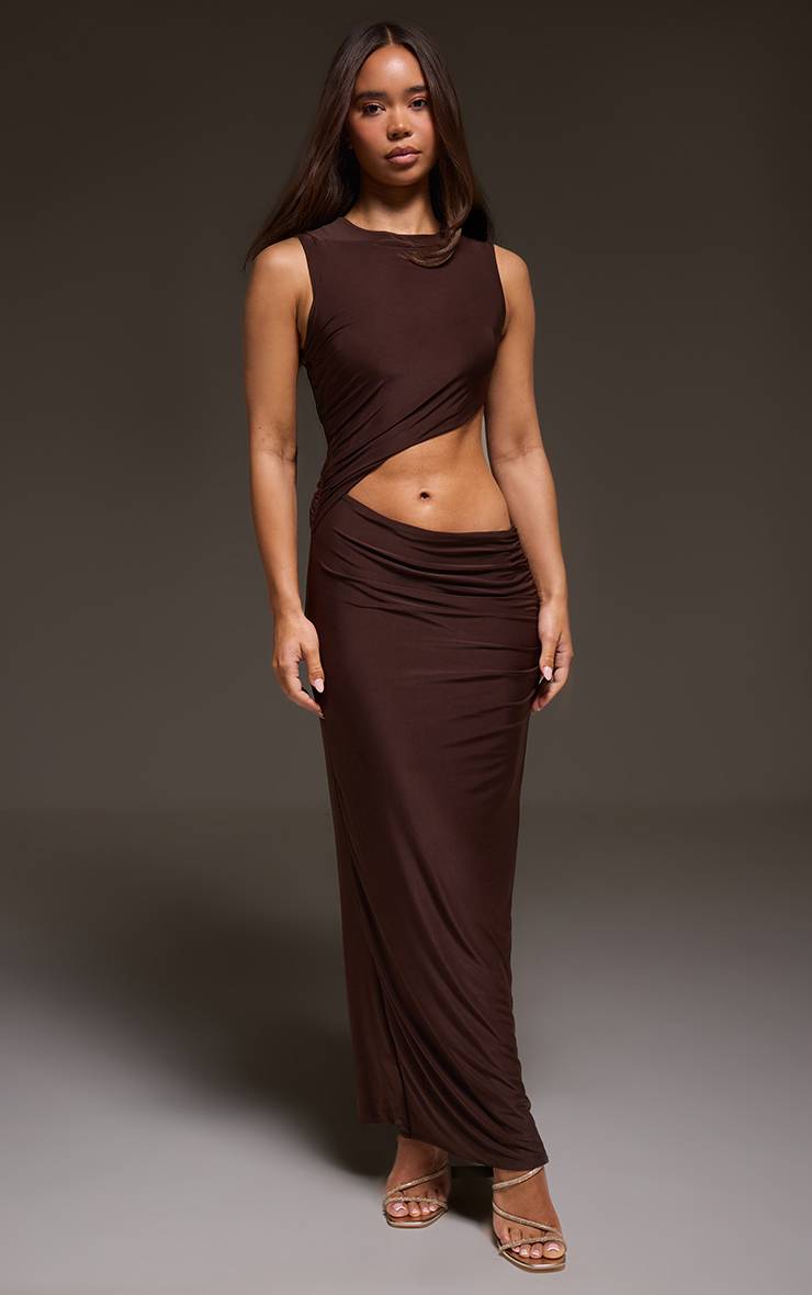 Chocolat Robe Maxi Moulante À Découpes Double Couche En Tissu Slinky