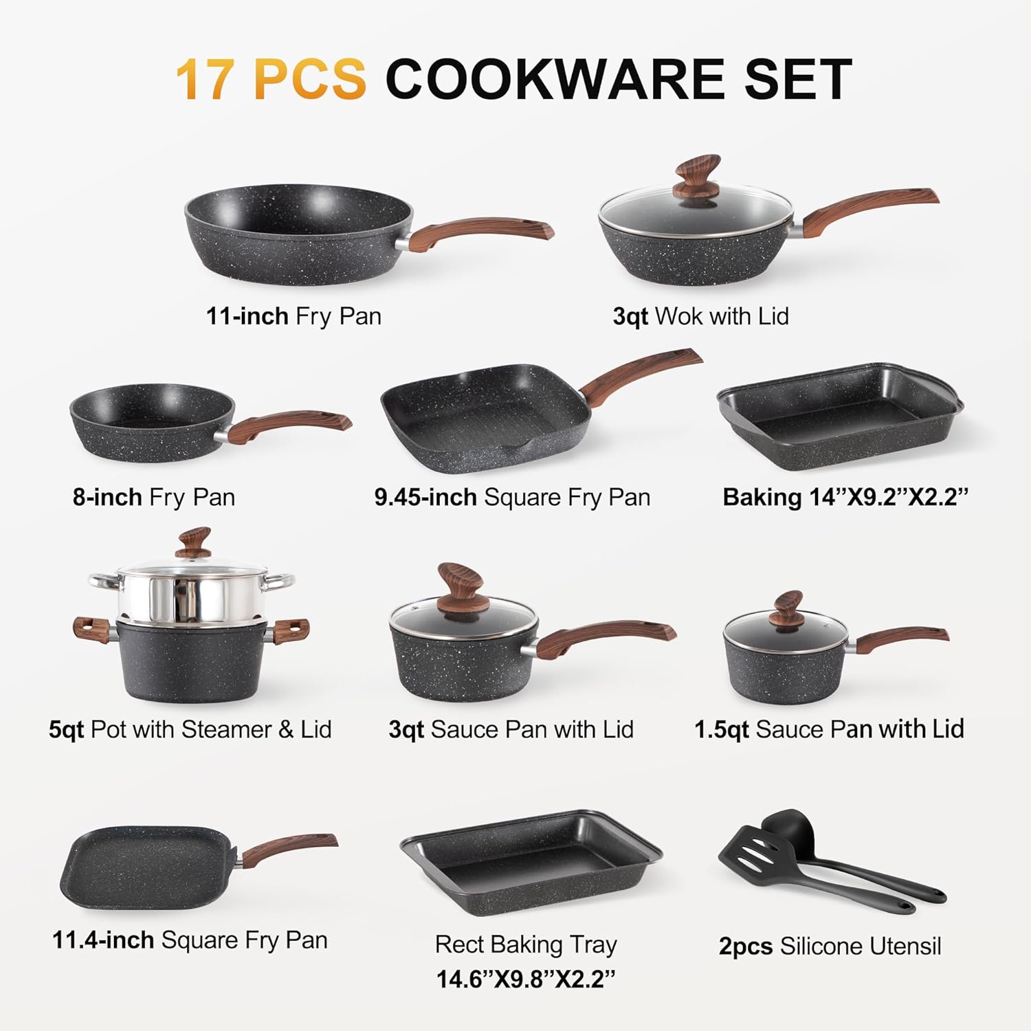 Kitchen Academy Topfset 17-teiliges Induktions-Kochgeschirr-Set mit Glasdeckeln und Granitbeschichtung inkl. Pfannen und Töpfe (Schwarz 17 tlg)