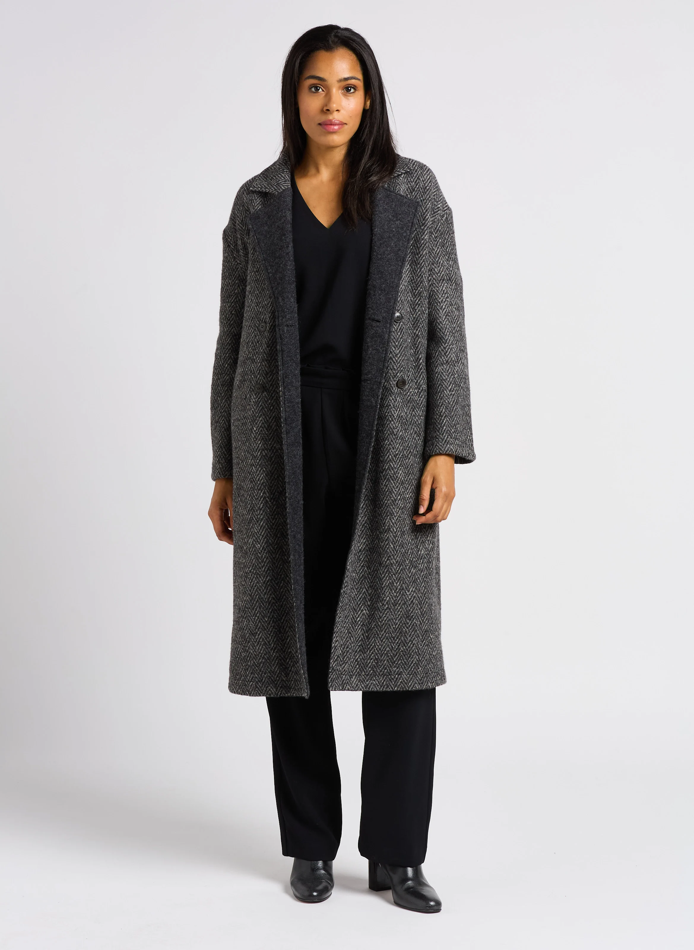 Manteau long réversible col tailleur à chevrons en laine mélangée | Noir
