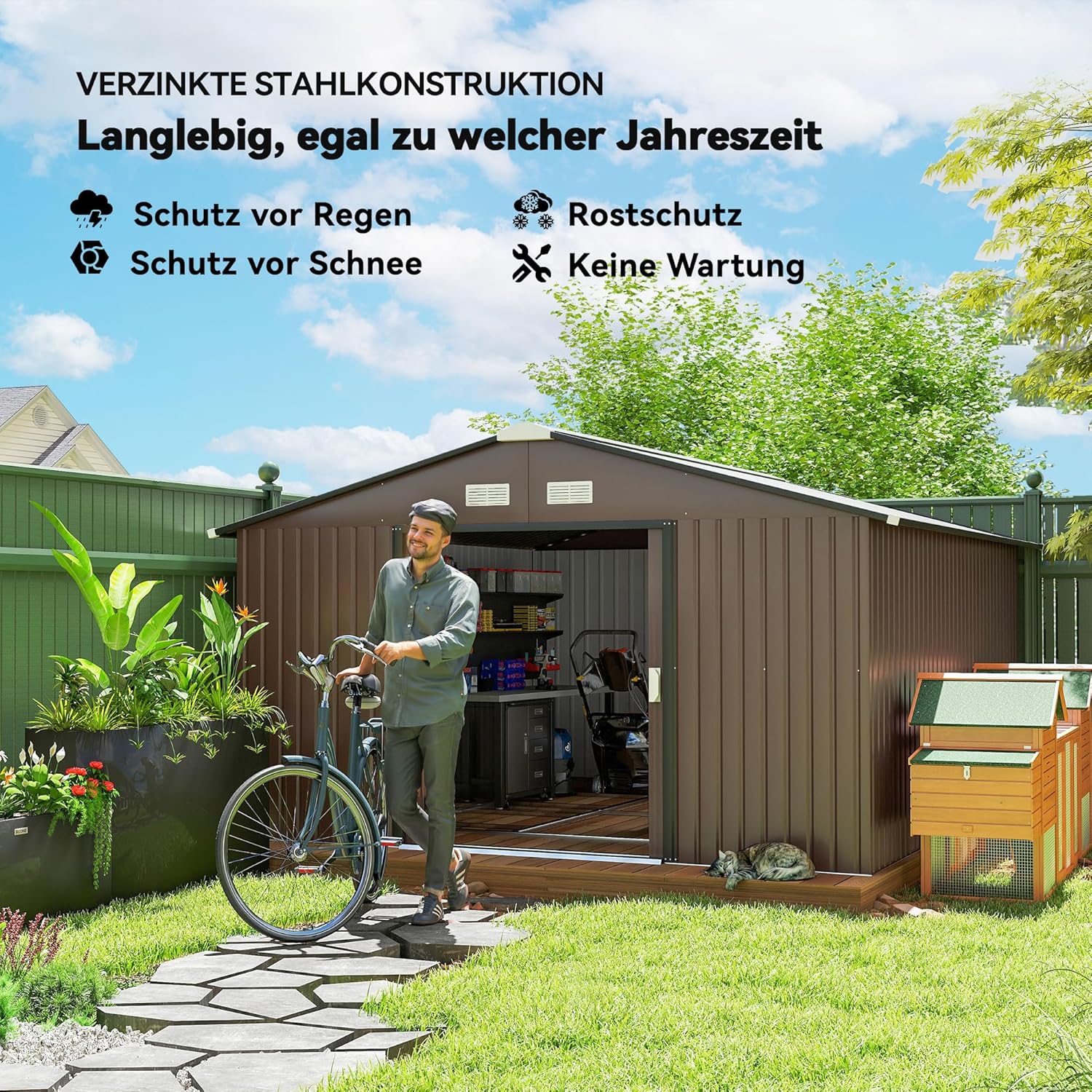 Outsunny Gerätehaus 12,4 m², Gartenhaus mit Satteldach, Schiebetür, Fundament, 386 x 340 x 200 cm, Geräteschuppen aus Verzinkter Stahl, wetterfest, für Garten, Braun