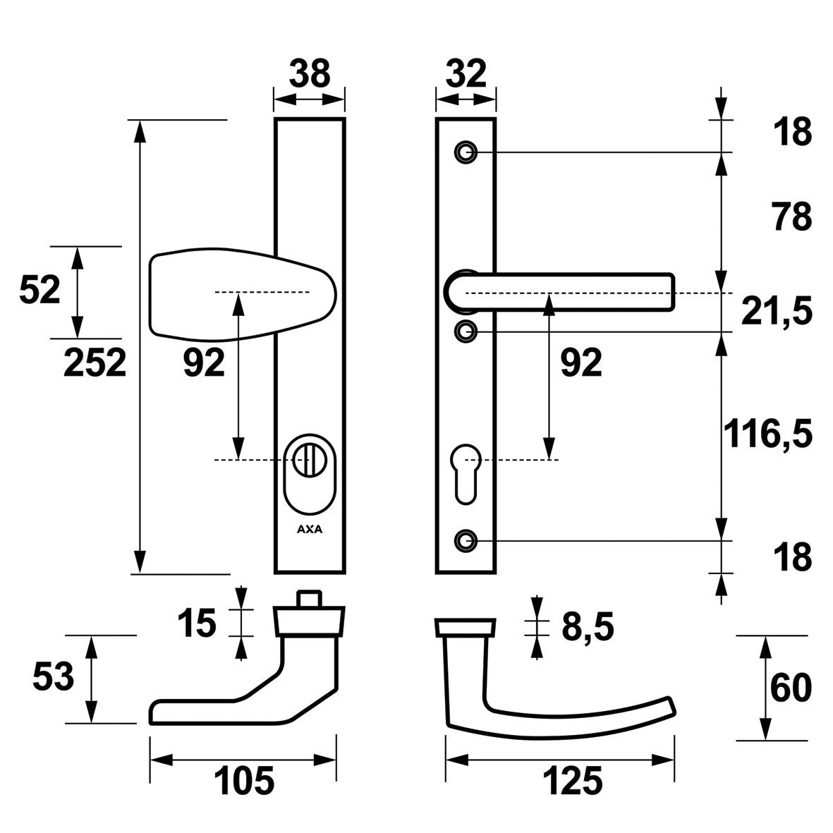 AXA 6767 Veiligheidsbeslag Edge Plus smal Wing-knop kruk Blok PC92 anti-kerntrek F8 - 6767-49-18/92K