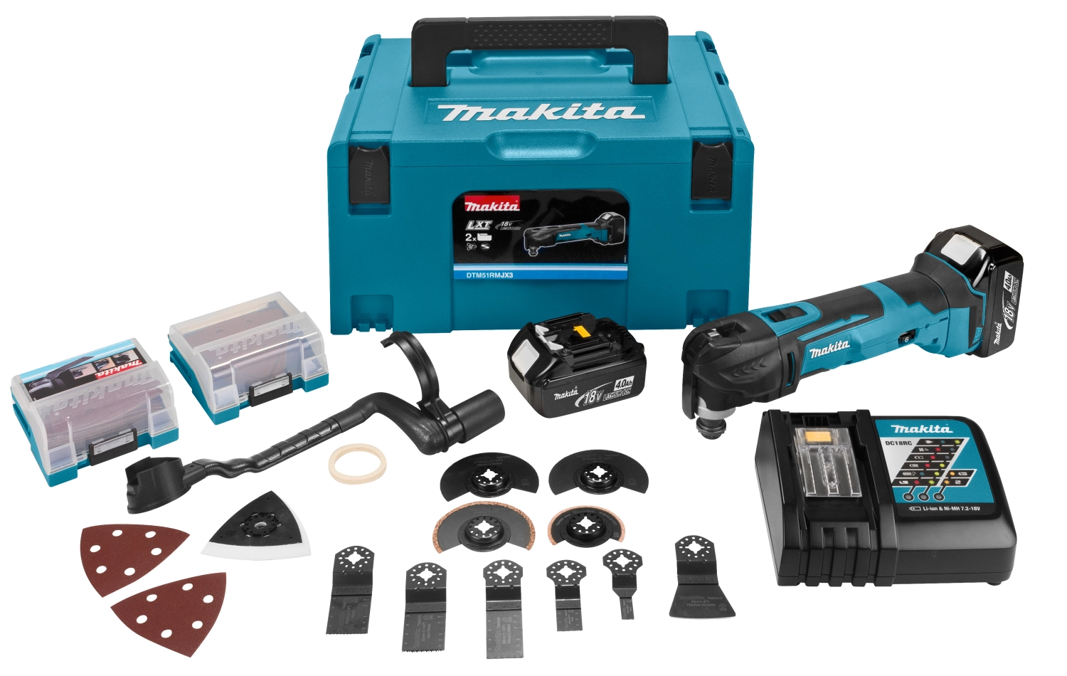 Makita DTM51RT1J3 18V Li-Ion Accu multitool set (1x 5.0Ah accu)   41 delige accessoireset in Mbox - snelwissel