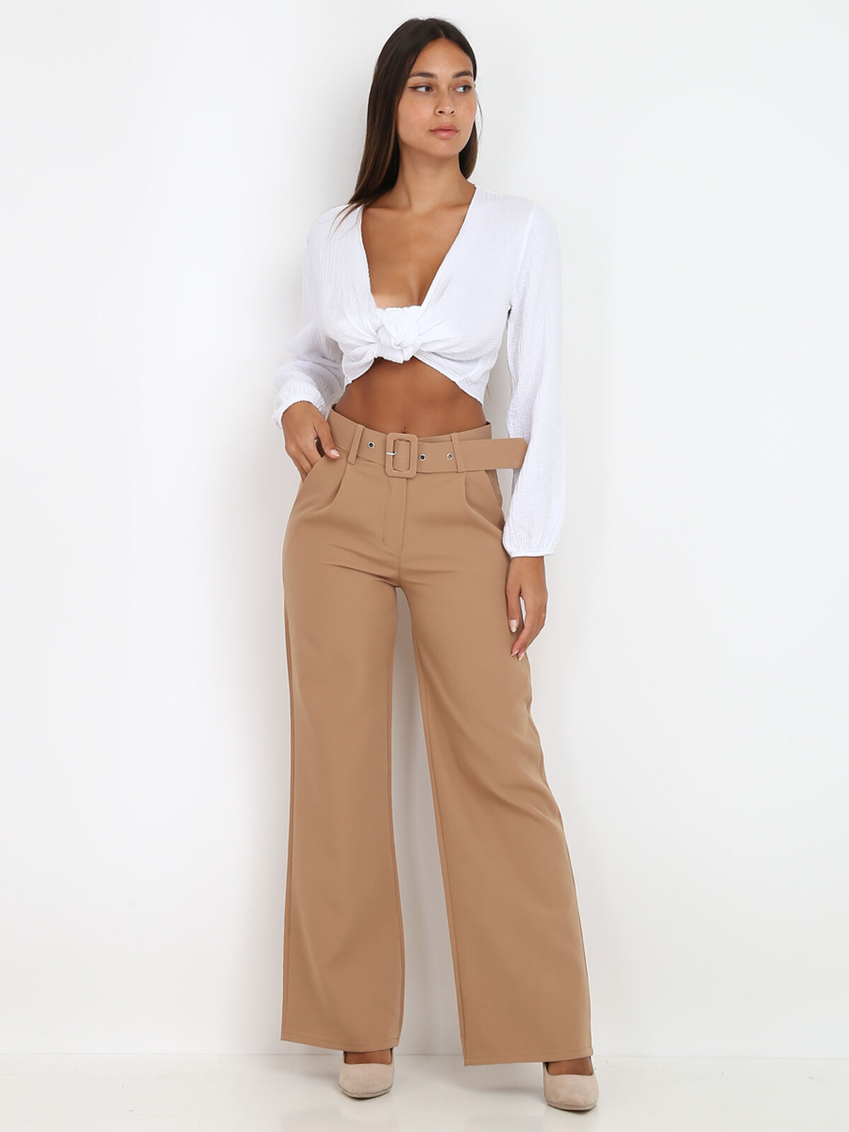 Pantalon large ceinturé- Camel