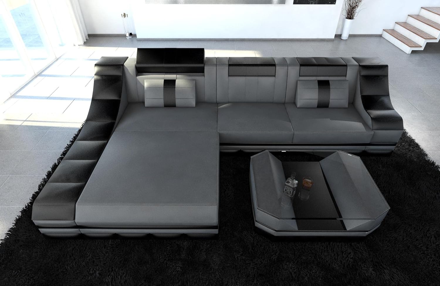 Sofa Dreams Ledersofa Turino L Form Ecksofa - mit LED Beleuchtung, verstellbare Kopfstützen, Recamiere/Lederfarben wählbar/Ausrichtung wählbar (Ottomane Links, Grau-Schwarz)
