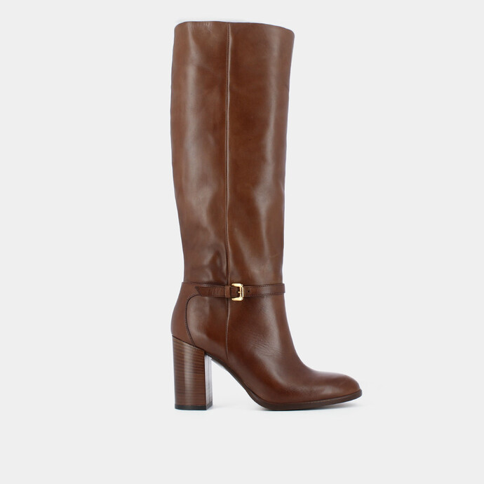 Bottes à talons et boucles dorées  en cuir cognac