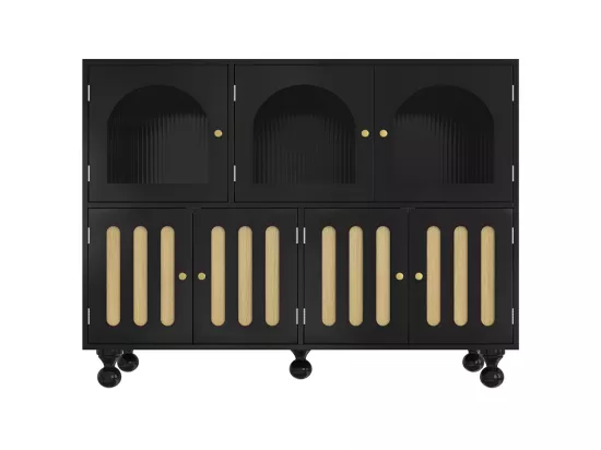Buffet de salle à manger moderne noir avec portes en verre Longhorn, portes à clé piano, pieds cylindriques