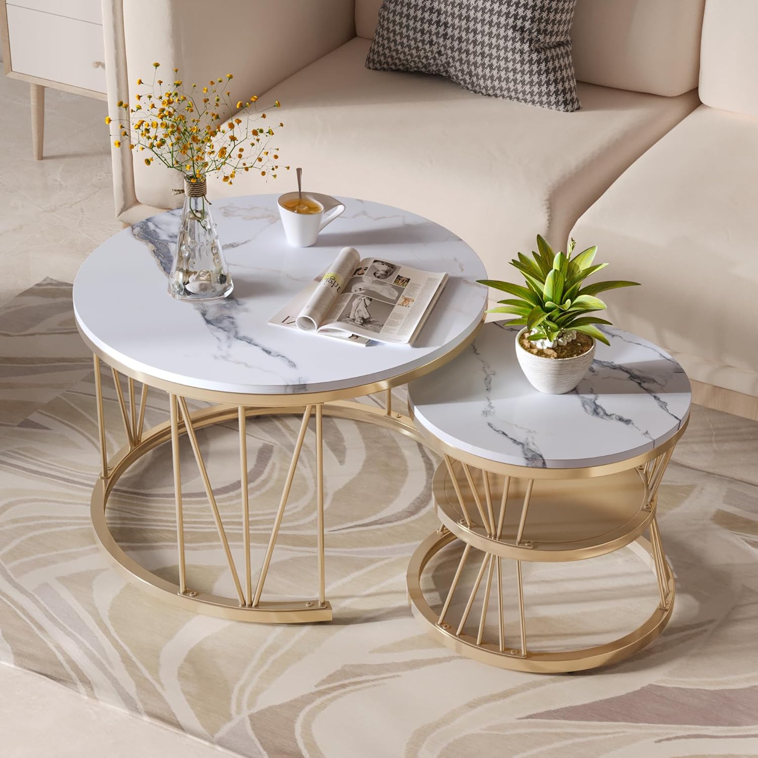 Couchtisch Rund 2er Set,Wohnzimmertisch mit Stauraum,Marmoroptik und Metallgestell,Beistelltisch,für Wohnzimmer,Balkon (Gold-4)
