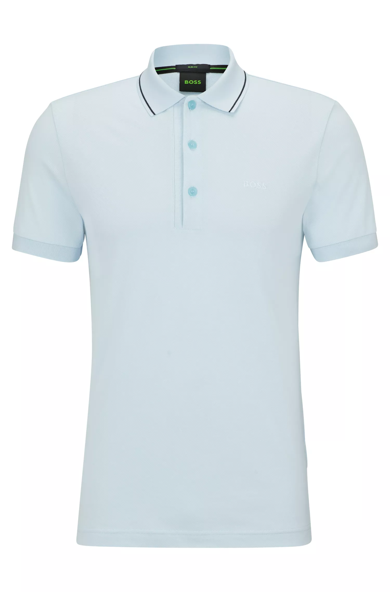 Camisa polo BOSS verde, corte slim, com detalhe da marca na gola.