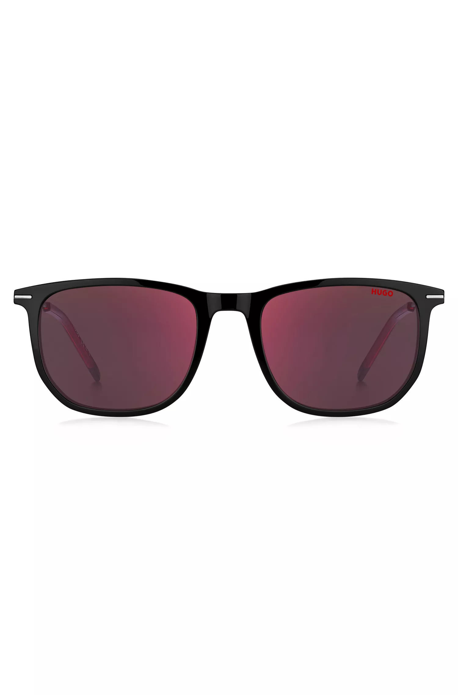 Óculos de sol HUGO em acetato vermelho e preto com detalhes em vermelho.