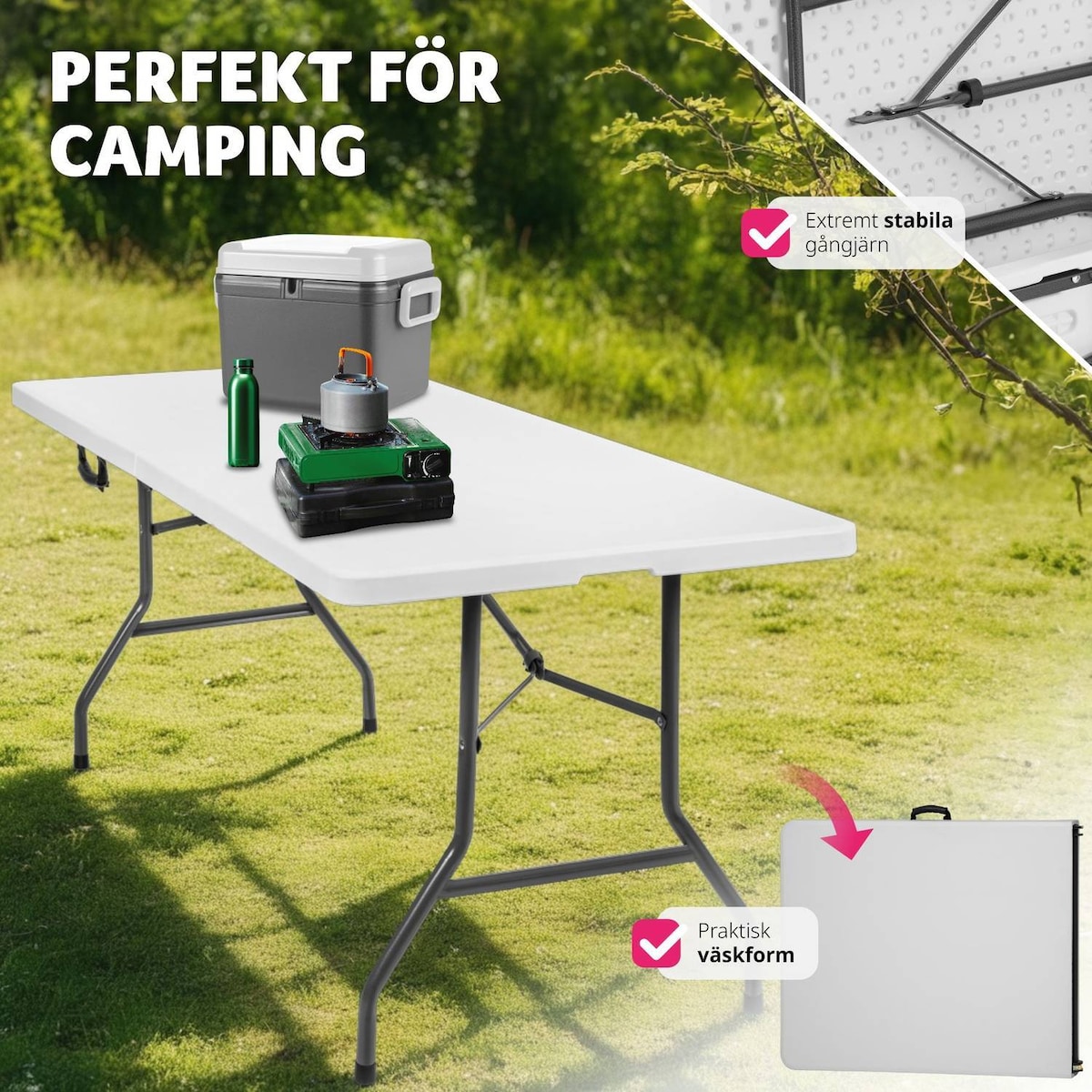 Campingbord sammenleggbart - 183x76x74cm - hvit