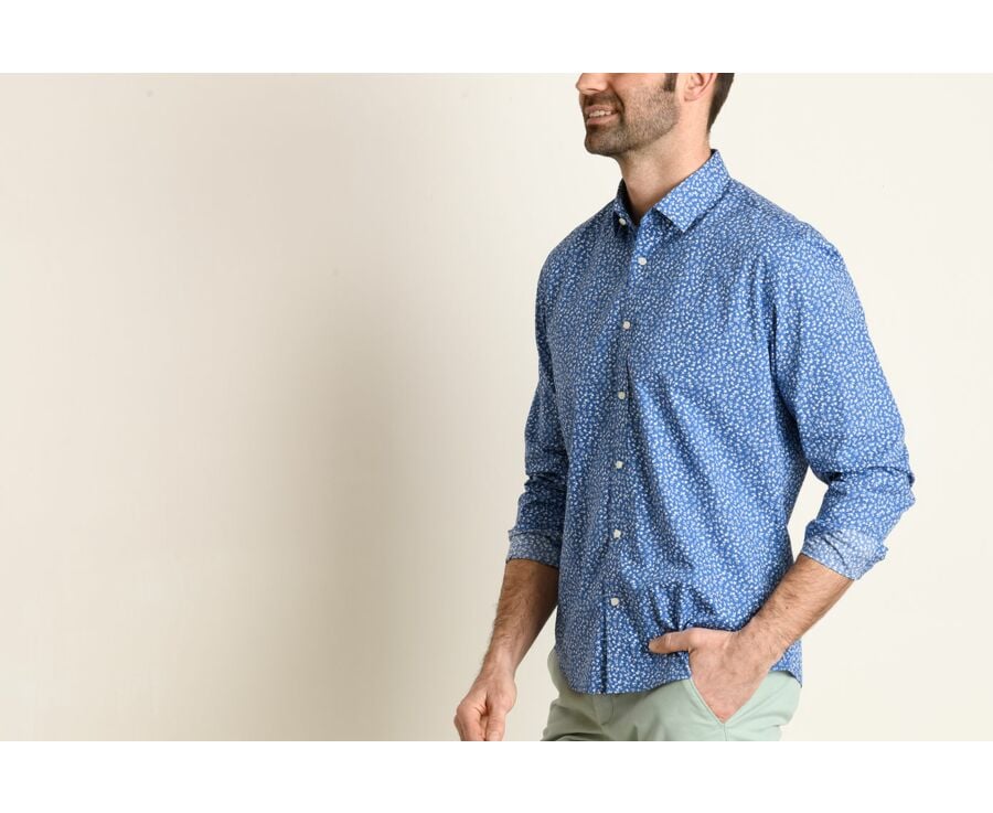 Chemise bleue imprimée fleurs blanches - Col français - MATHURIN
