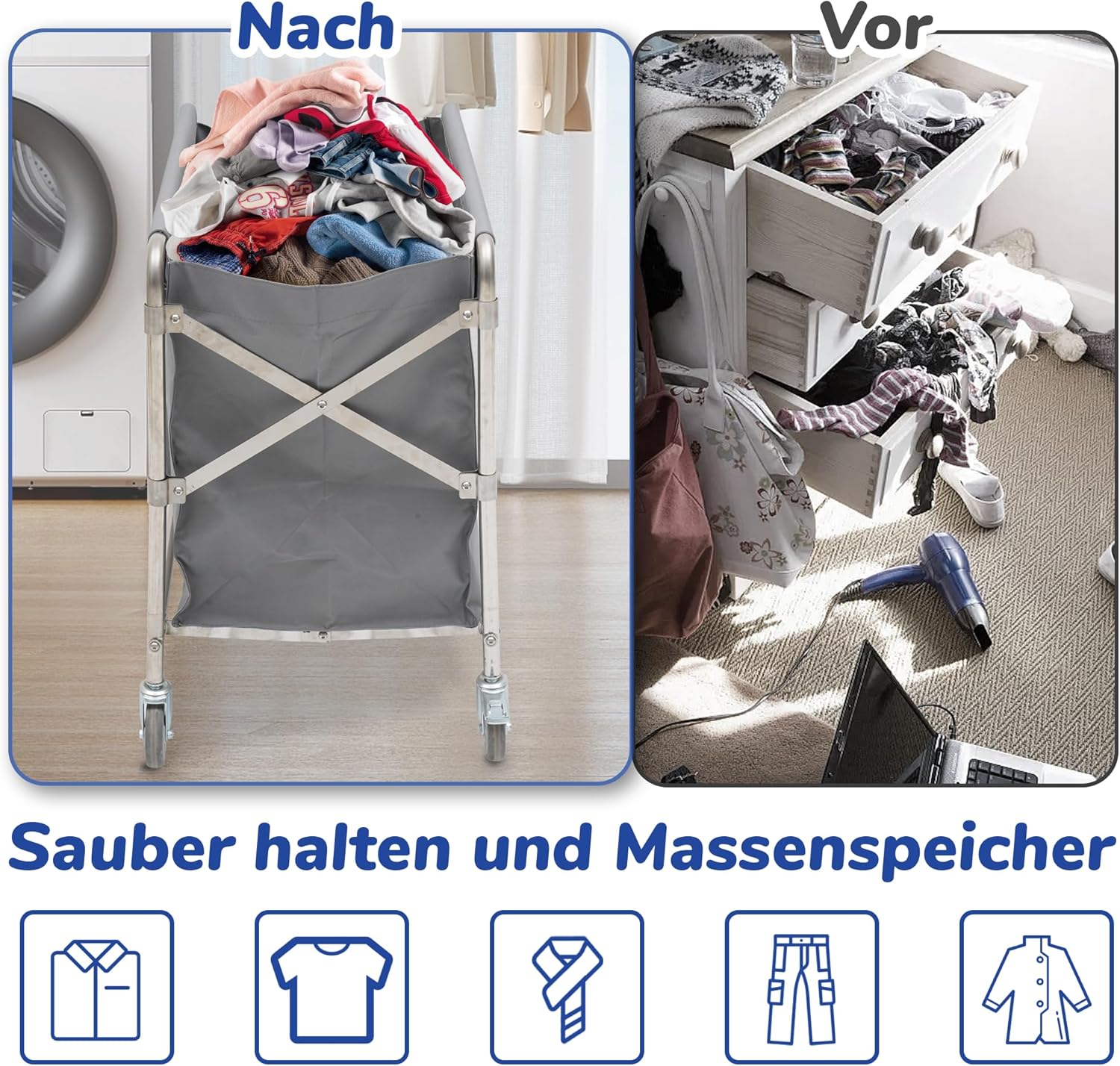 bimiti Wäschewagen Edelstahl Wäschesortierwagen Kommerzieller Wäschesortier mit Rollen Klappbar Wäschekorbwagen Wäschewagen mit 100kg Tragkraft für Home Hotel Wäschekammer, 87 x 52 x 78 cm