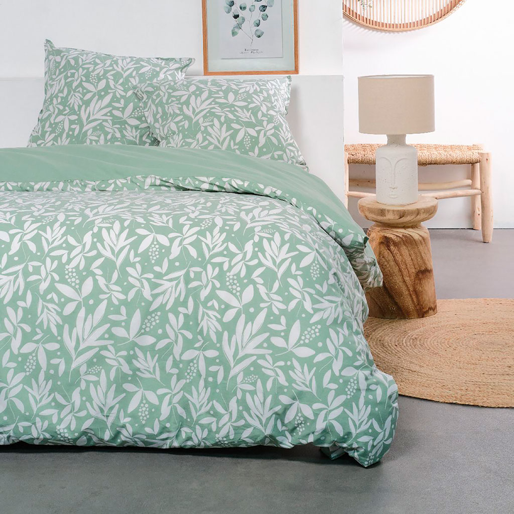 Parure de lit coton 57 fils motif feuilles vert d'eau 220x240cm