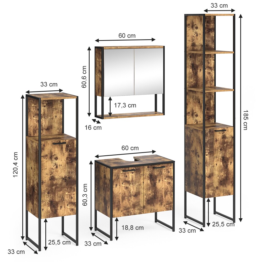 Vicco Loft Badmöbel Set Fyrk Vintage Spiegelschrank Badschränke Waschtischunterschrank