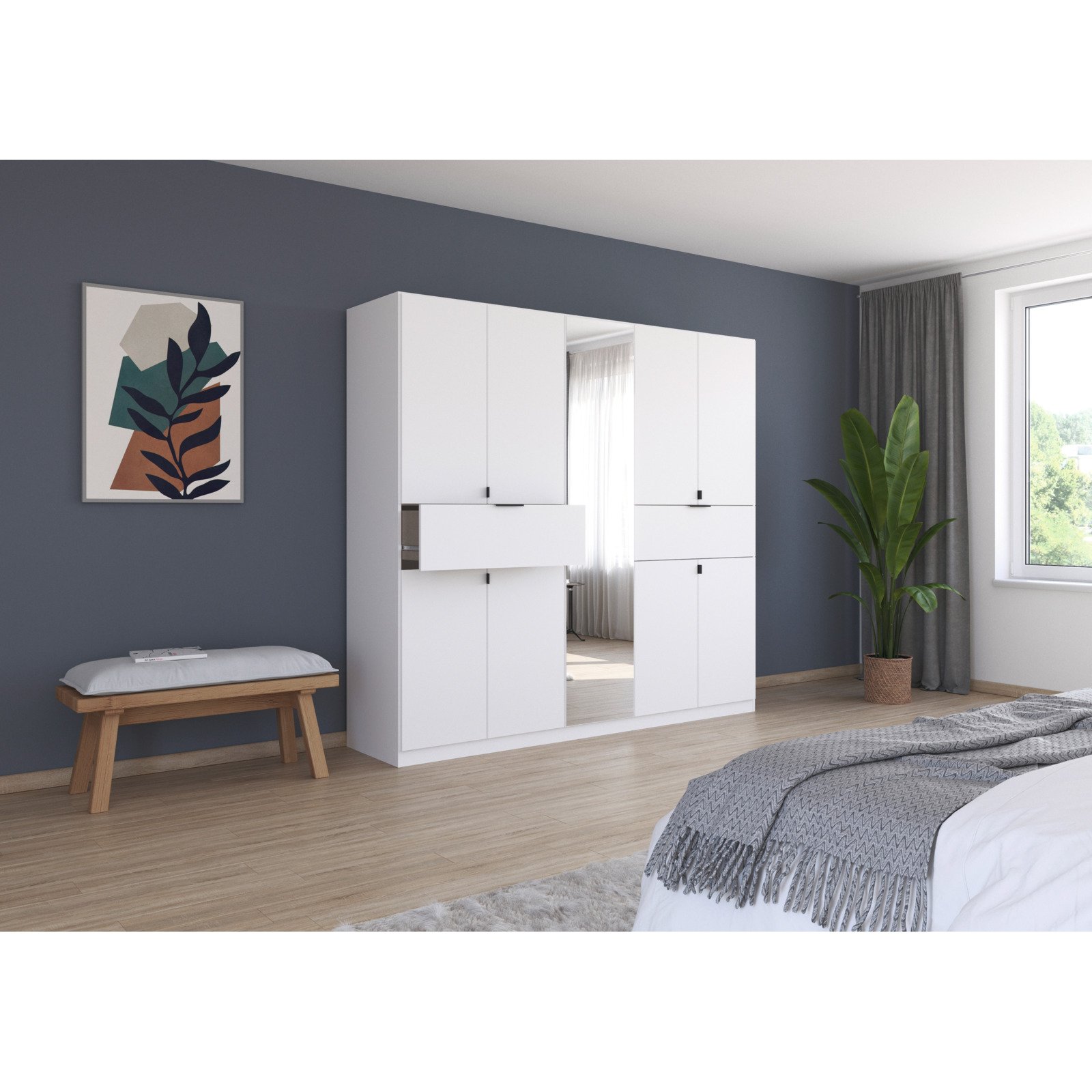 Drehtürenschrank Ticao, Dekor, 226 x 210 x 54 cm, mit Spiegel weiss