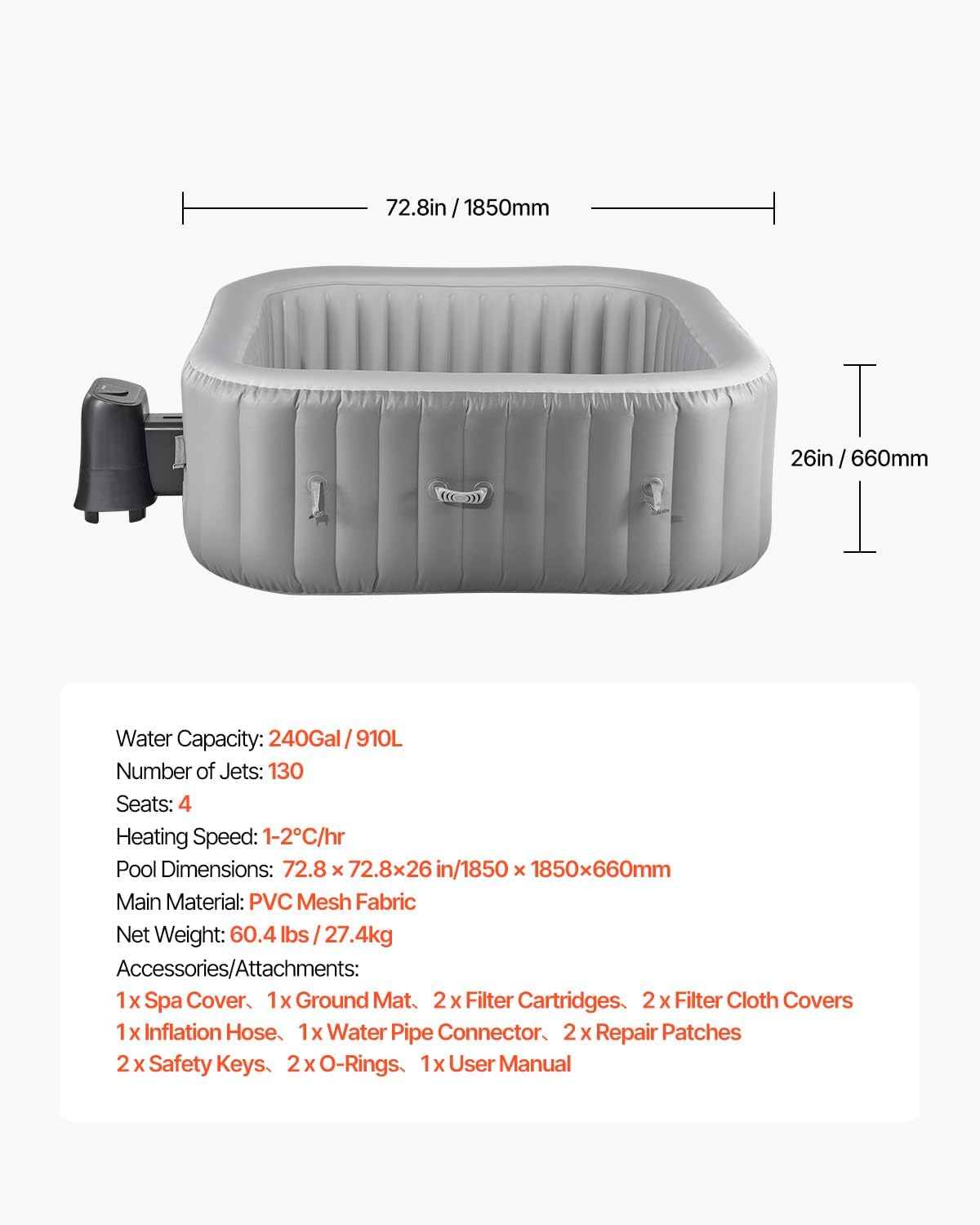 VEVOR aufblasbare Badewanne für 4 bis 6 Personen (185 x 66 cm), quadratisch & tragbar, mit 130 wohltuenden Düsen & Filter & Abdeckung & Matte & multifunktionalem Bedienfeld, PVC Spa-Pool Outdoor