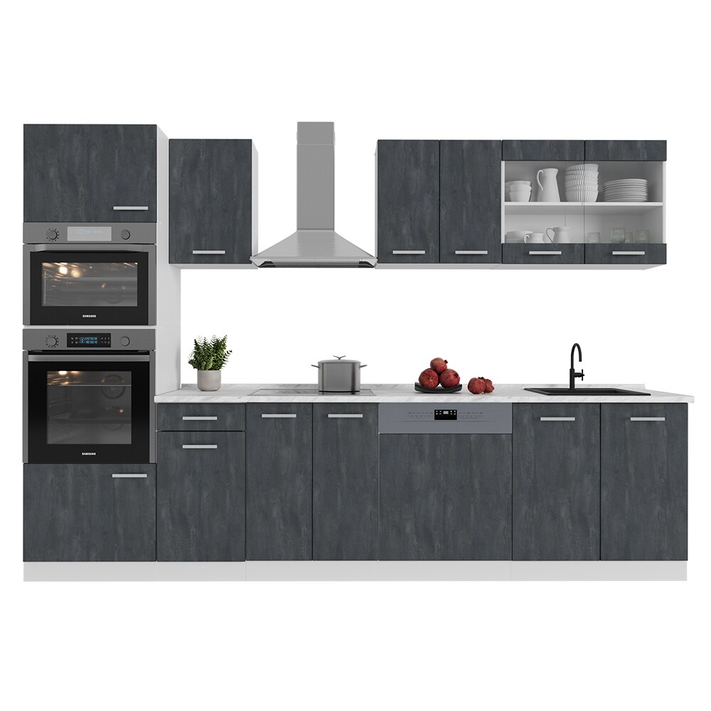Vicco Küchenzeile R-Line 300 cm Schwarz Beton Weiß ohne Arbeitsplatte