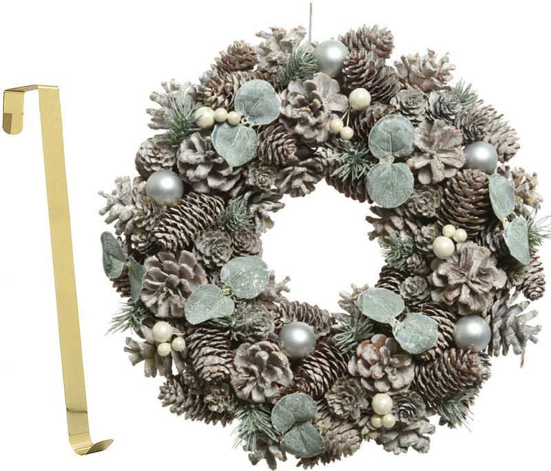 Kerstkrans - gedecoreerd - 34 cm- kunststof - incl. messing deurhanger