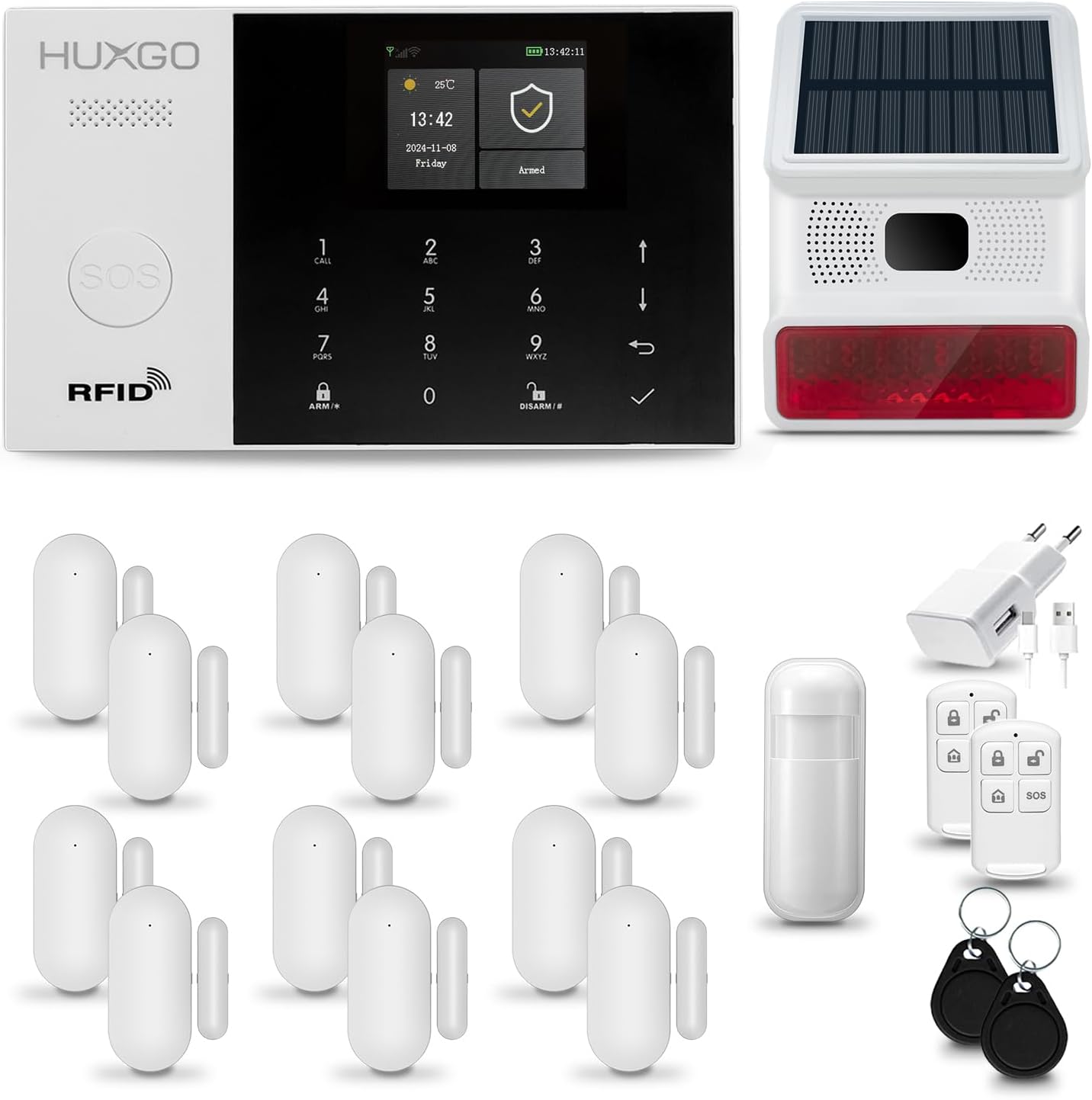 Funk Alarmanlage Set WiFi + GSM mit Alarmsirene HXA005 HUXGO® | Alarm System mit Bewegungsmelder, 12x Fensteralarm/Türsensoren | Alarmanlage fürs Haus, Wohnung, Wohnmobil | Smart Home